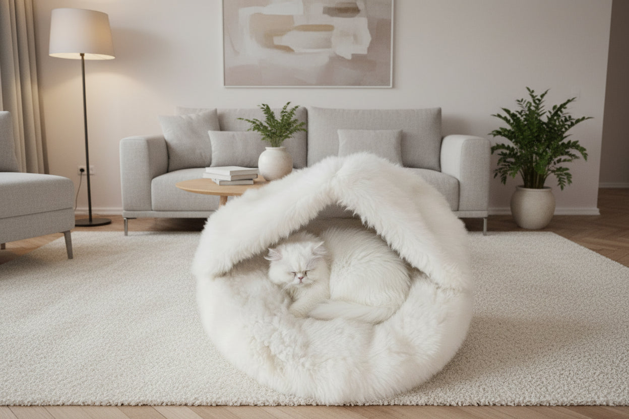 Natural Sheepskin Pet Cave - White-3